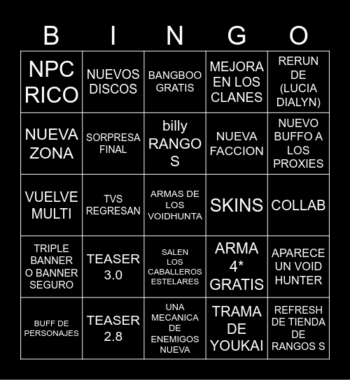 LIVESTREAM 2.7 Bingo Card
