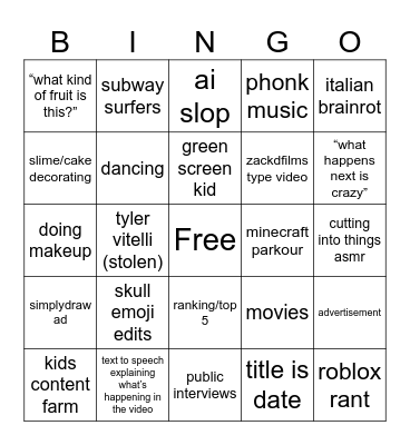 youtube shorts bingo Card