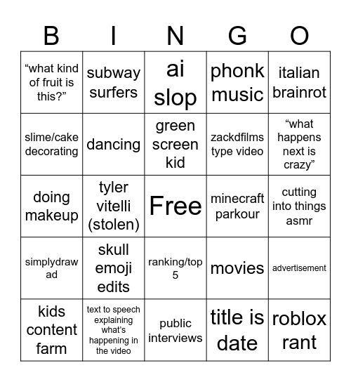 youtube shorts bingo Card