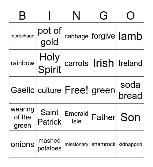 Saint Patrick's Day Bingo Card