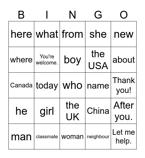 Angela - lesson 1 Bingo Card
