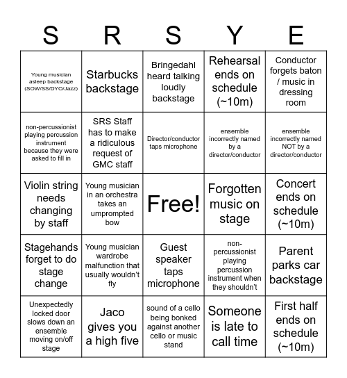 Showcase Concert Bingo Card