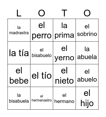 LA FAMILIA Bingo Card