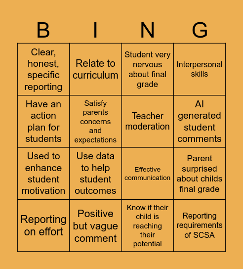 Reporting Bingo Card