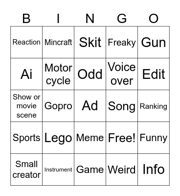 YouTube shorts Bingo Card