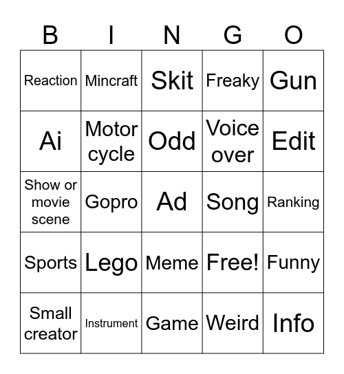 YouTube shorts Bingo Card