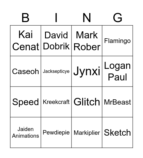 Youtuber Bingo Card