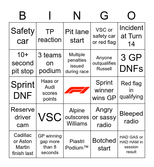 F1 Bingo - China 2026 Bingo Card