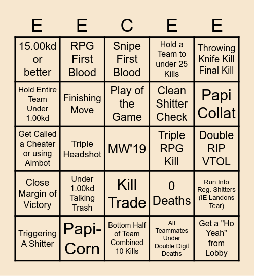 EECCEE by GHEY WHEAPON MW ONLY Bingo Card