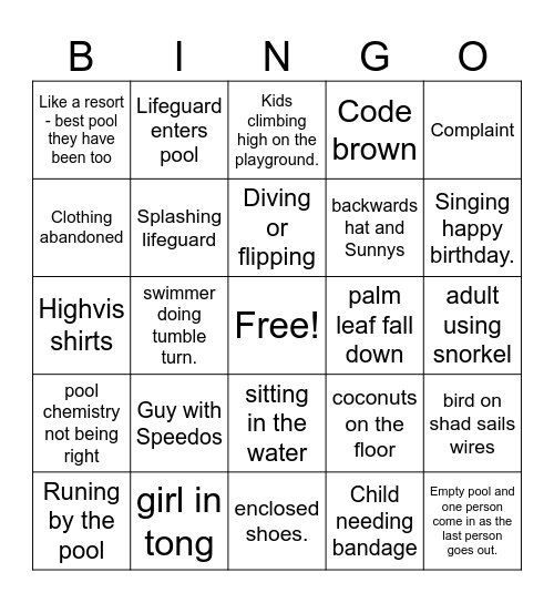 Pool Bingo Card