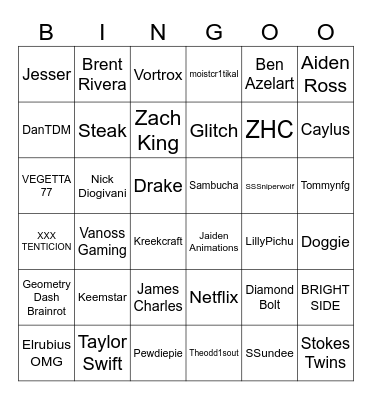 Youtuber Bingo Card