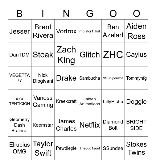 Youtuber Bingo Card