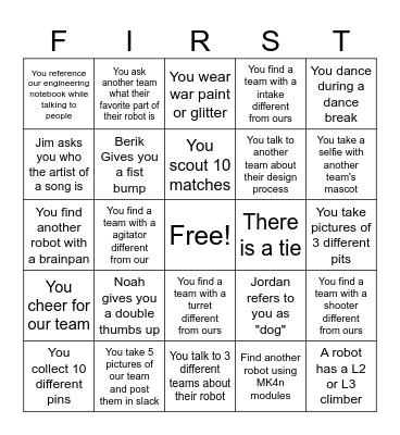 Charger Robotics Competition Bingo Card