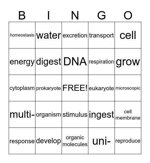 Living Things Bingo Card