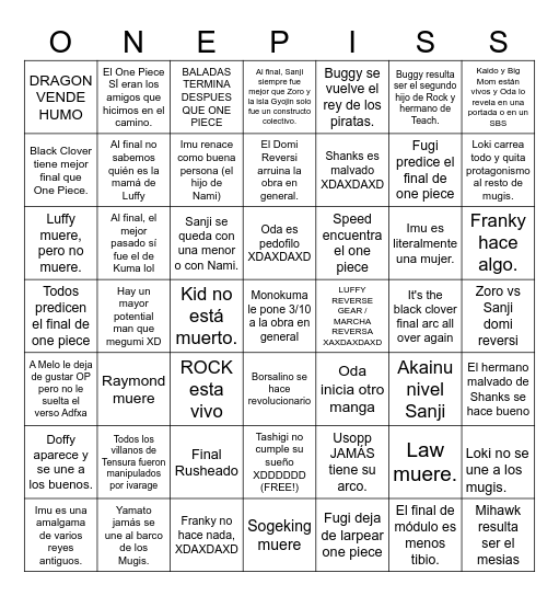 El final de one puece predicciones Bingo Card
