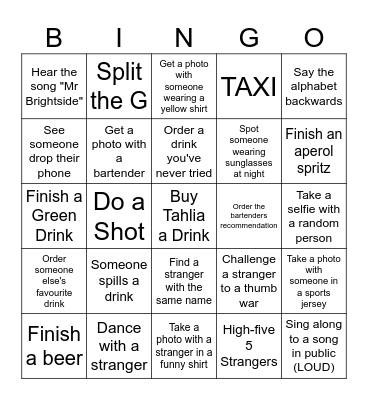Tahlia's 23rd Pub Crawl Bingo Card