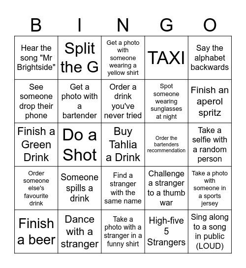 Tahlia's 23rd Pub Crawl Bingo Card