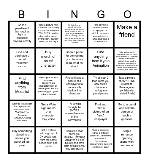 MS Anime Fest Bingo Board Bingo Card