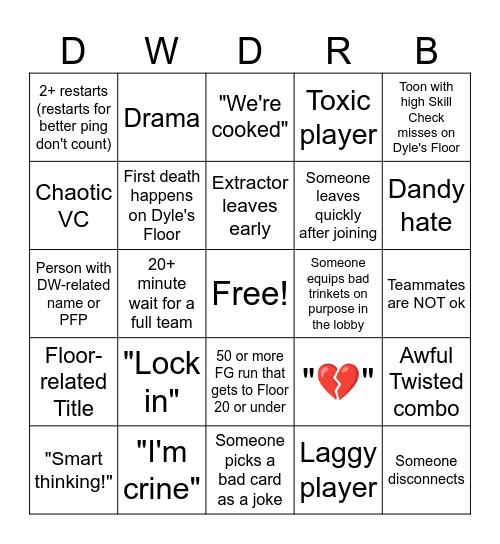 Dandy's World Discord Run Bingo Card