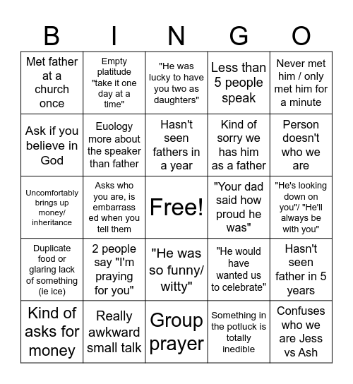 Memorial Bingo Card