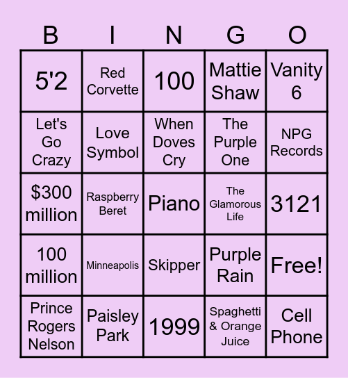 Prince Bingo Card