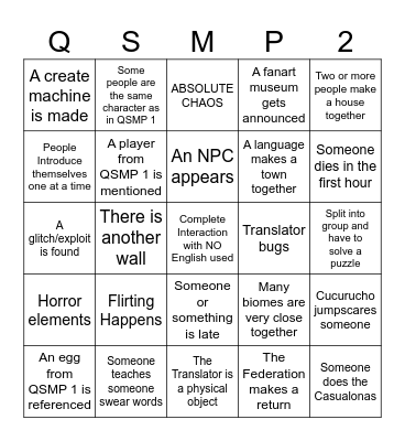 QSMP2 Welcome Event Bingo Card