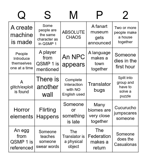 QSMP2 Welcome Event Bingo Card