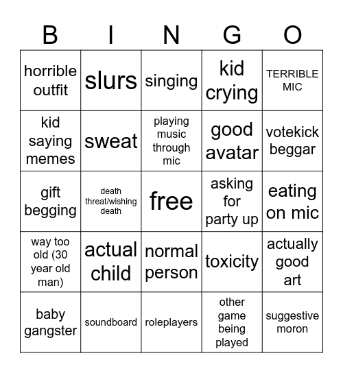 rec room bingo Card
