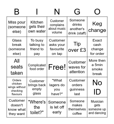 Bar bingo Card