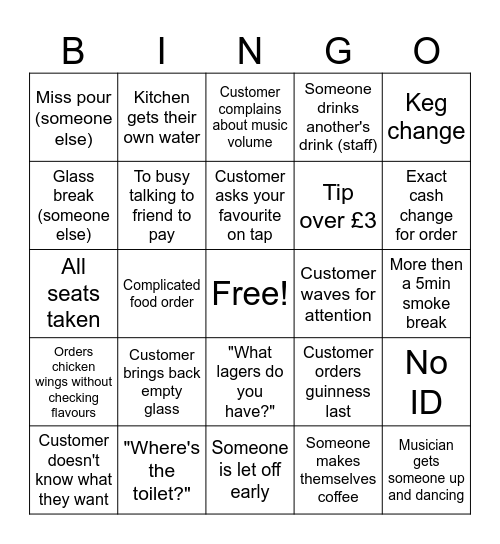 Bar bingo Card