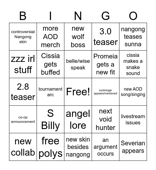 ZZZ 2.7 Livestream Bingo Card