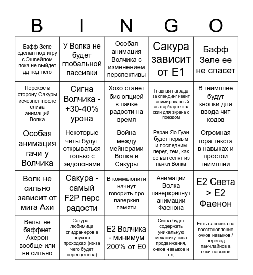 Бета 4.2 Bingo Card