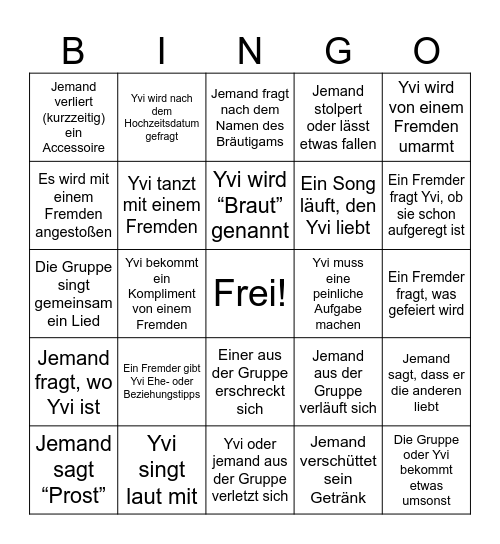 Junggesellenabschied von Yvi Bingo Card