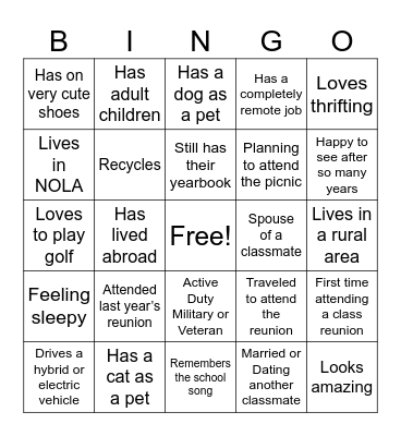 25th Class Reunion Bingo Card