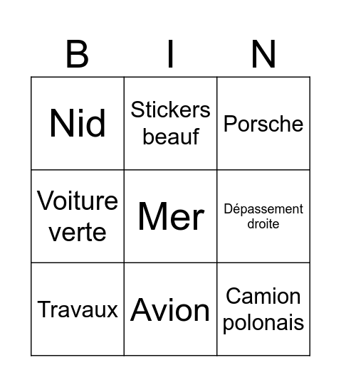 Voiture Bingo Card