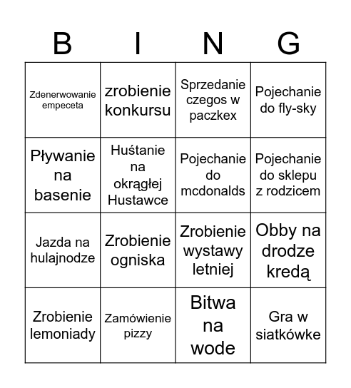 Bingo na lato Bingo Card