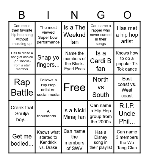 History of Music (90s-Present) Bingo Card
