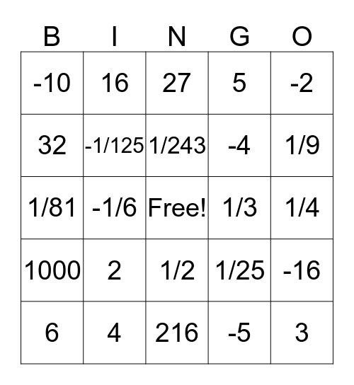 Math BINGO!!!!!!!!!!! Bingo Card
