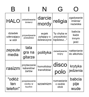 family bingo Card