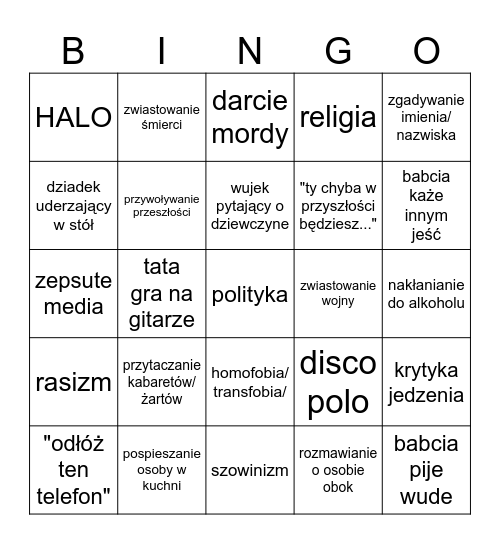 family bingo Card
