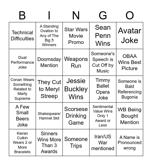 Oscars 2026 Bingo Card