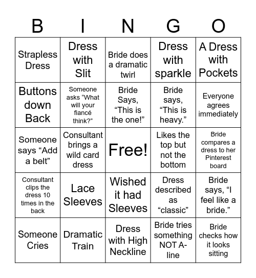 Say Yes to the Dress! Bingo Card