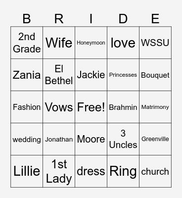 bride Bingo Card