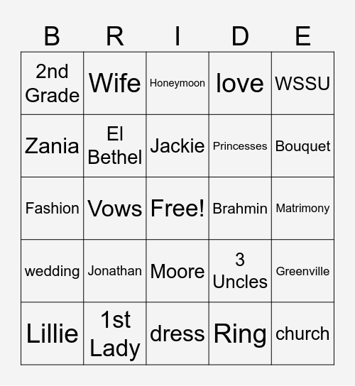 bride Bingo Card