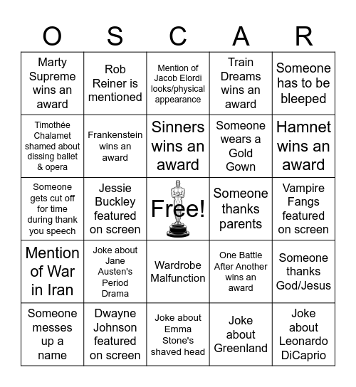 2026 Oscars Bingo Card