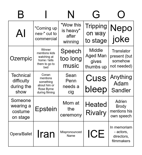 Oscars 2026 Bingo Card