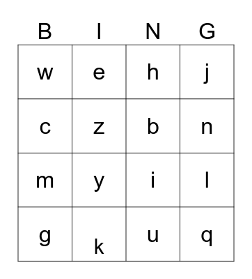 Lowercase Letters Bingo Card