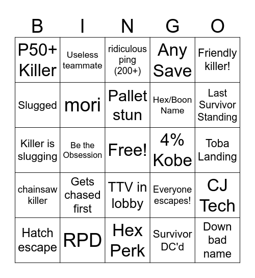 Dead By Daylight Bingo Card