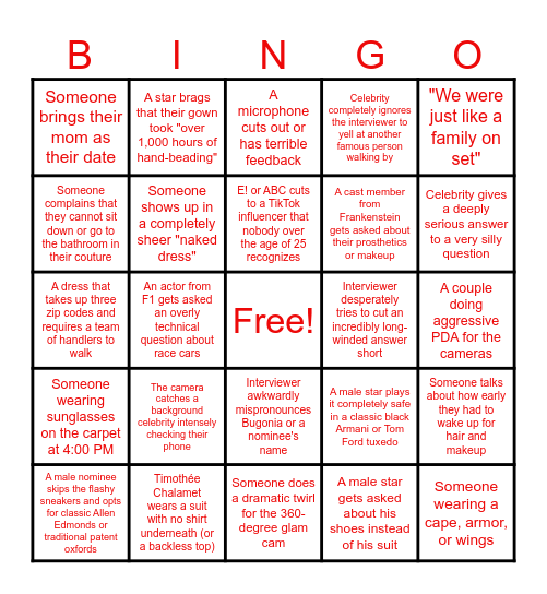 Red Carpet Bingo Card