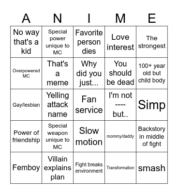 Anime bingo action Bingo Card